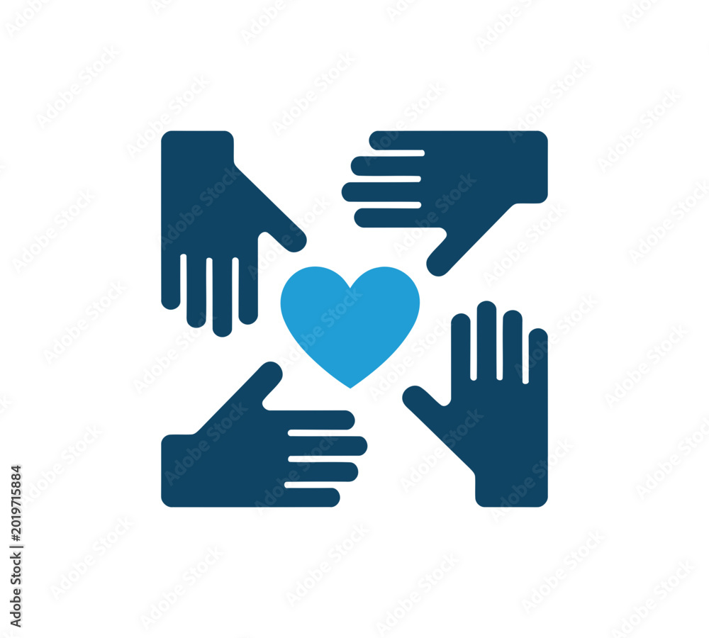 Obraz premium Four hands reaching towards a heart, symbol of unity and charity