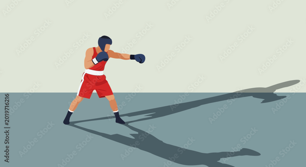 Fototapeta premium Boxer Training with Long Shadow, Punching, Boxing Sport Concept