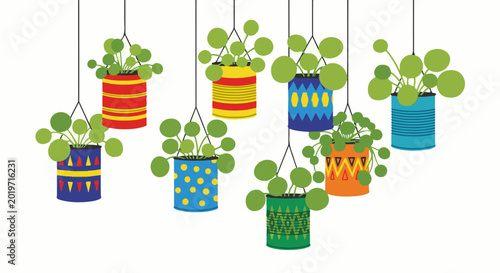 A collection of seven colorful hanging planters filled with lush green plants
