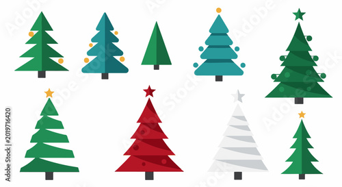 A collection of stylized, flat design Christmas trees in various colors and sizes