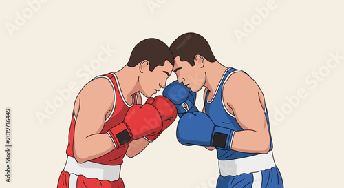 Fotografi Two boxers wearing red and blue boxing gloves facing each other