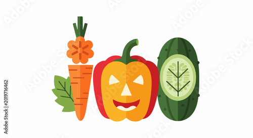 A collection of stylized vegetables with a carved pepper