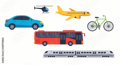 A collection of various modes of transportation, including a car, helicopter, plane, bus, train, and bicycle