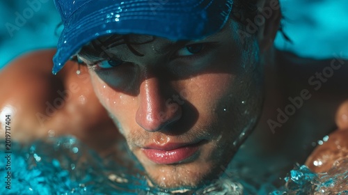 Portrait of smiling happy Muscular swim cap on his head High quality photo