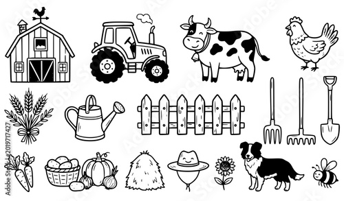 Bild auf Leinwand Farm life doodle contour icon set vector illustration isolated on white backgrou