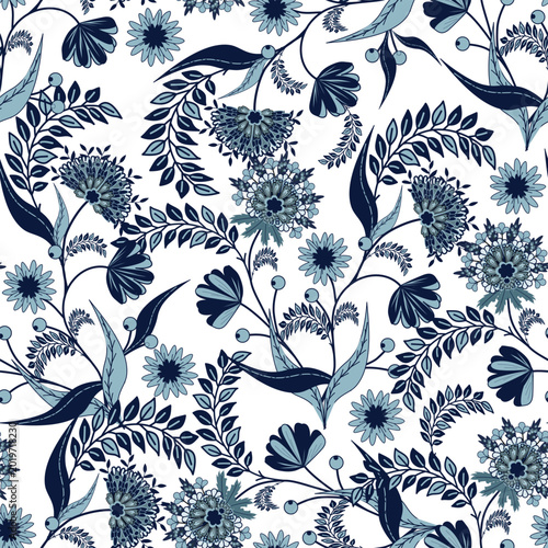Floral seamless pattern, Flower chintz pattern seamless vector border print. Botanical batik background. Arabesque floral ornament motif for decoration fabric, women clothing, scarf, wallpaper design 