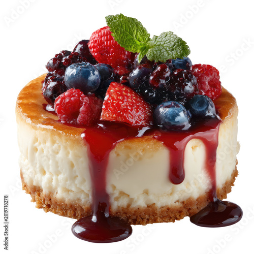 Delicious miniature cheesecake with berry topping, glistening glaze, and sprig of mint
