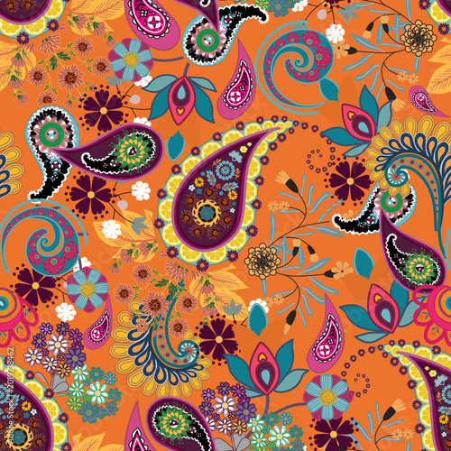 Traditional seamless paisley pattern. Indian floral ornament.Vector Seamless Paisley Floral Pattern ,Vintage floral background. Damask paisley seamless pattern
