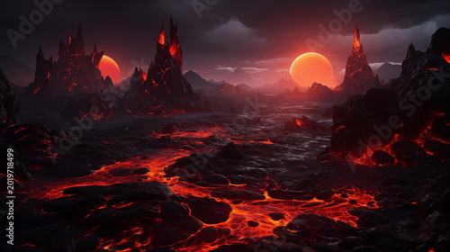 Dramatic Volcanic Scene with Red Glow and Flowing Hot Lava