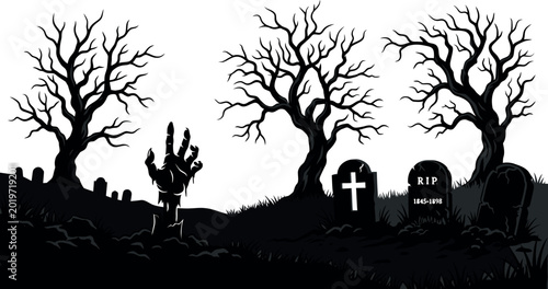 Photos Spooky graveyard scene with bare trees and tombstones