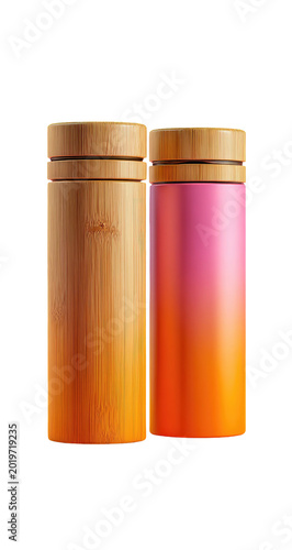 Two cylindrical containers, one wood-toned, one pink/orange gradient, stand against a stark black background