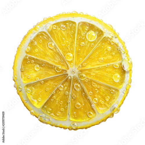 Bright yellow lemon slice with radial segments and glistening water droplets on a solid black background
