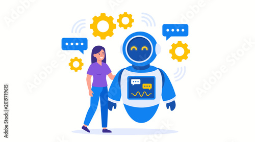Woman interacting with a friendly artificial intelligence robot assistant.