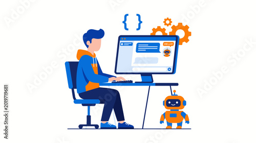 Young Male Programmer Coding on Computer with Robot Assistant.