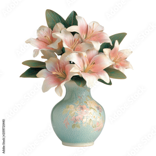 Vase of light pink lilies and green leaves against a black background