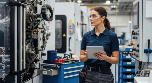 Professional woman checks machinery with tablet in industrial facility, clearly communicating maintenance planning, factory workflow and operational responsibility.