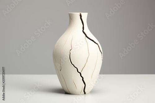 Ceramic vase displaying cracked surface with kintsugi repair against a gray background