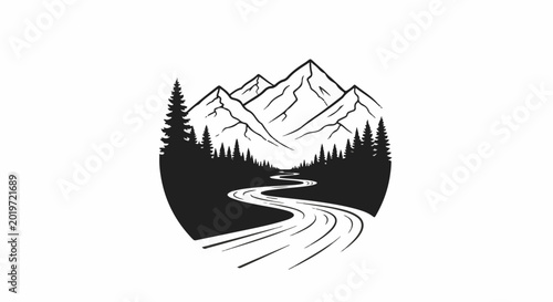 Majestic mountain range over a winding river surrounded by pine trees