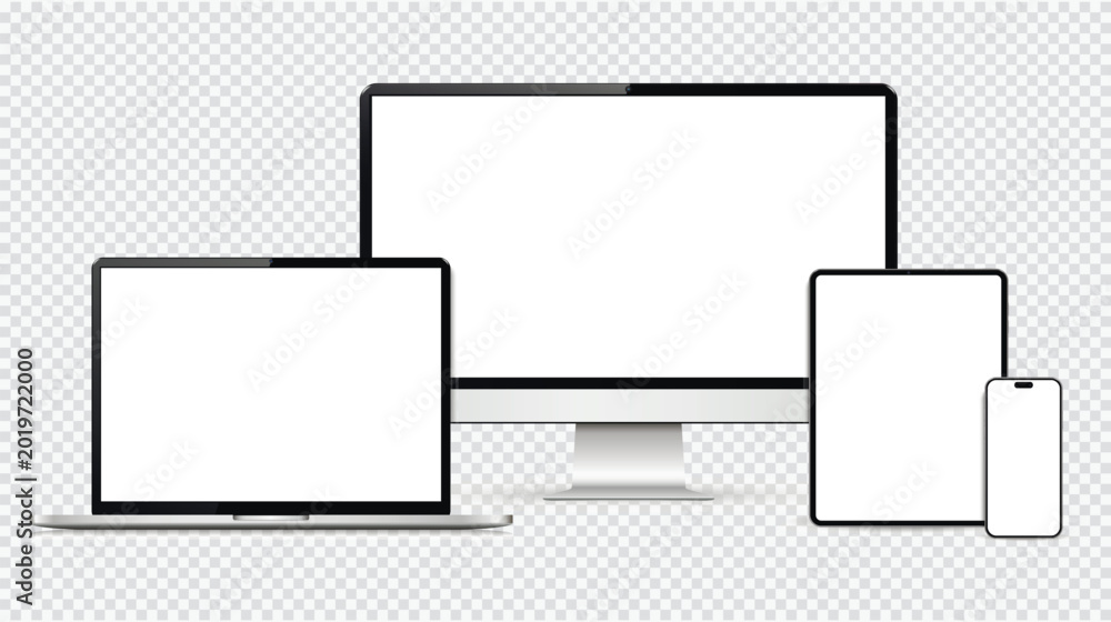 Obraz premium Realistic computer, laptop, tablet, and smartphone. Vector illustration of a device screen mockup.