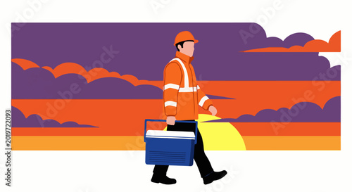 A construction worker walks carrying a cooler at sunset