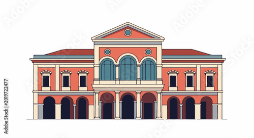 A coral-colored building with arched windows and columns