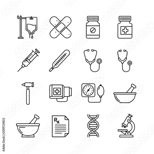 Clean medical icons set on white background for healthcare and science design