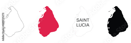 Set of four saint lucia island map in outline, solid, dotted, and silhouette styles