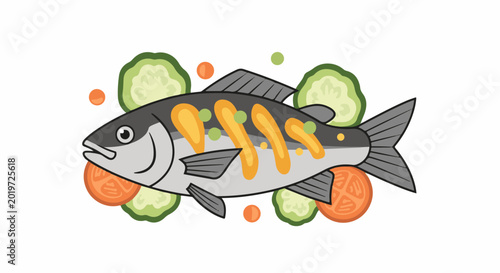 A cartoon fish adorned with colorful stripes, surrounded by sliced vegetables