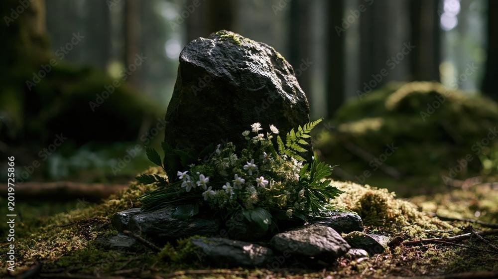 Fototapeta premium Small forest shrine with dark stone and white flowers