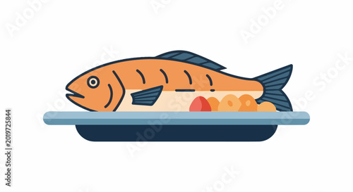 A cartoon fish is presented on a platter with circular toppings