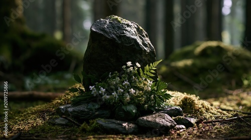 Small forest shrine with dark stone and white flowers