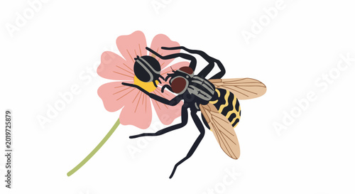 A cartoon fly with black and yellow stripes collects nectar from a pink flower