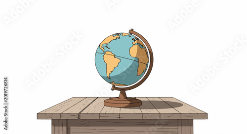 A cartoon globe rests on a wooden table, casting a shadow