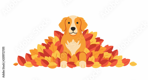 A cartoon golden retriever puppy sits happily amidst a pile of colorful autumn leaves
