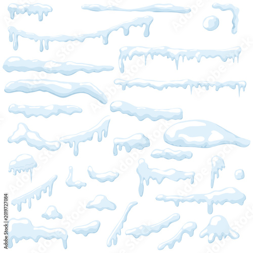 Bild auf Leinwand Snow caps and icicles of various shapes on a blue background, Vector illustration