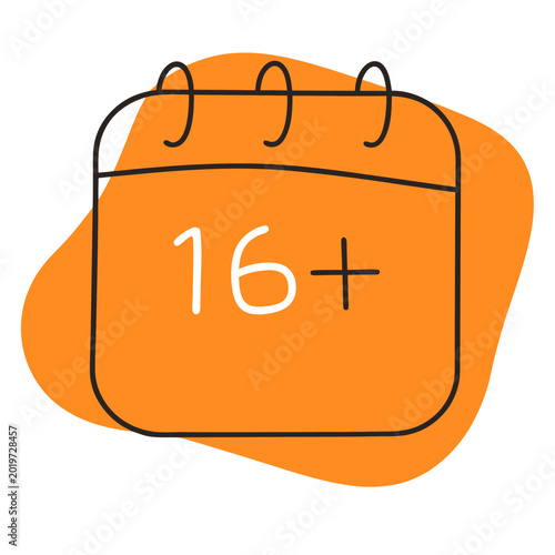 Hand drawn calendar icon with 16 plus sign on orange background