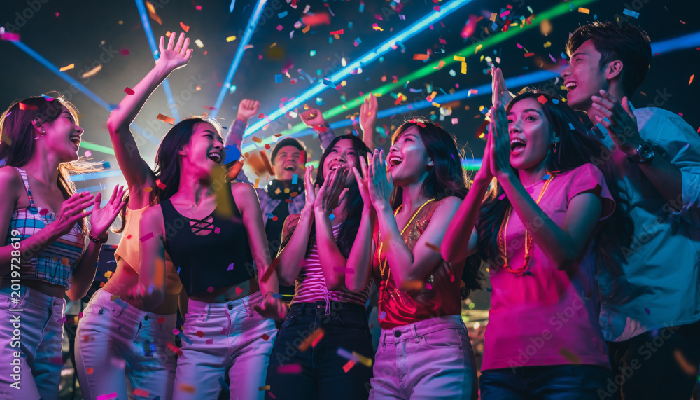 Obraz premium Group of young people celebrating with confetti and colorful lights at a party.