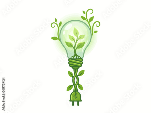 Fotografie This image creatively blends nature and technology, depicting a light bulb entwined with plants, representing the harmony between energy solutions and environmental sustainability