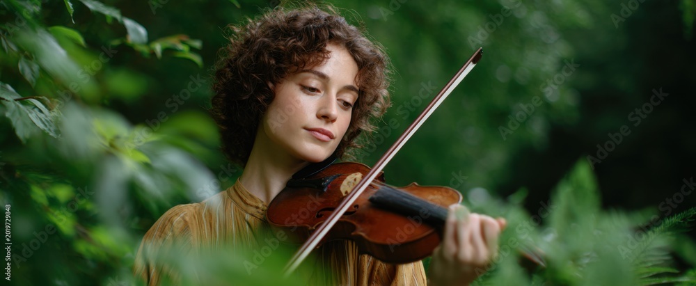 Obraz premium talented musician playing violin amidst lush greenery and towering trees outdoors