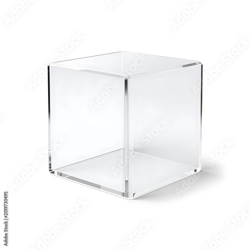 Transparent acrylic cube on white background, clear glass display box for product presentation, minimalist plastic pedestal for museum or retail