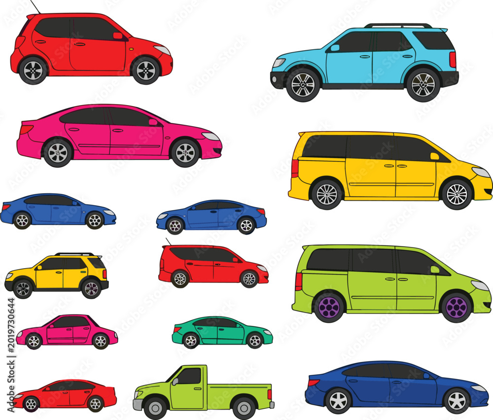 Fototapeta premium Colorful car collection featuring sedan suv hatchback minivan and pickup vehicle vector illustrations isolated on background
