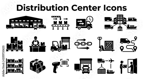 Photos Black and white vector icons depicting various logistics, shipping, and warehouse activities in a distribution center setting
