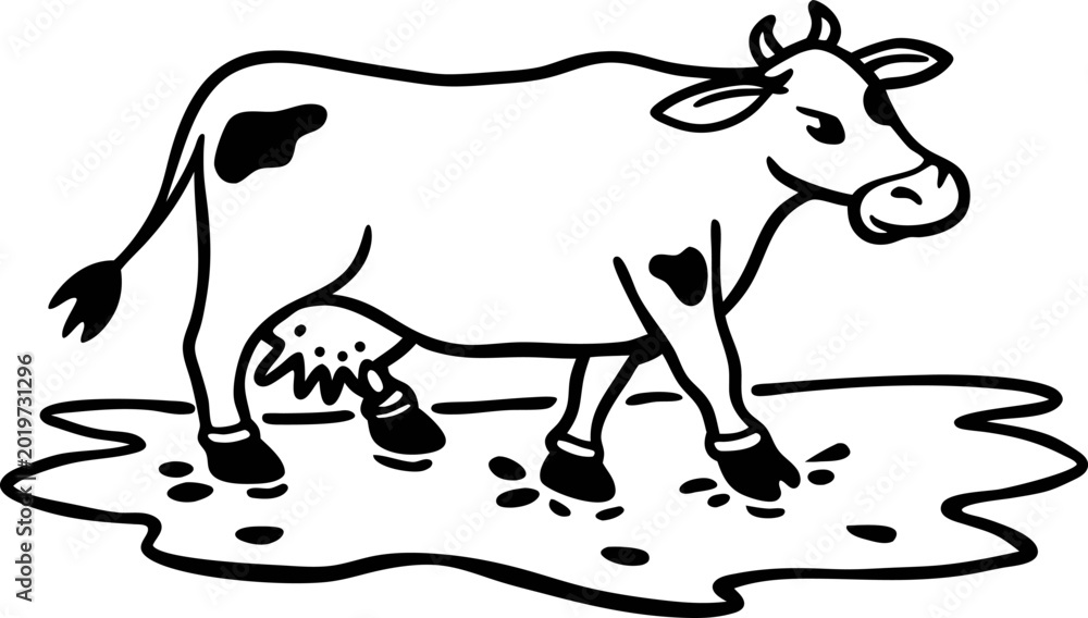 Fototapeta premium black and white cow standing in mud puddle with heart shaped spot and relaxed expression