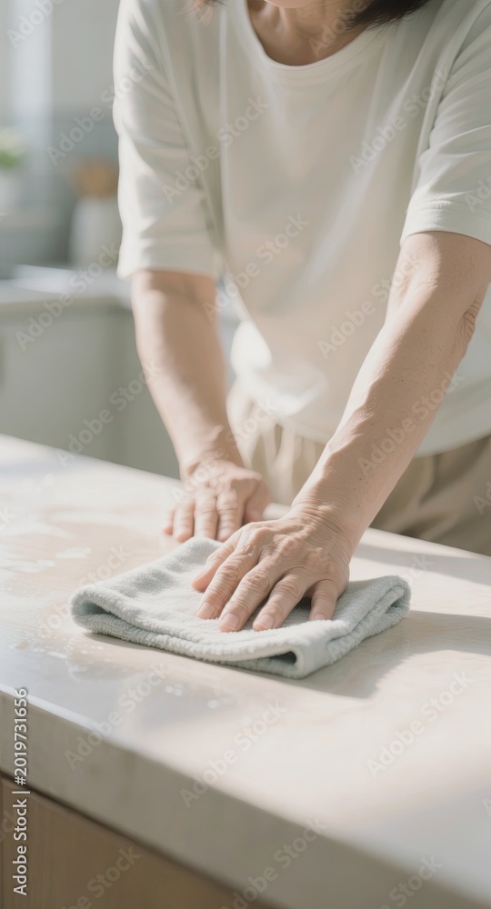 Fototapeta premium Person ironing white shirt on ironing board at home