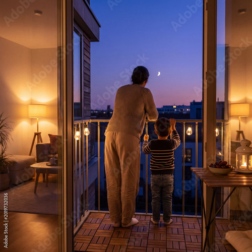 Father and Young Son in Casual Holiday Clothing Looking at New Crescent Moon from Modern Balcony for Hijri New Year