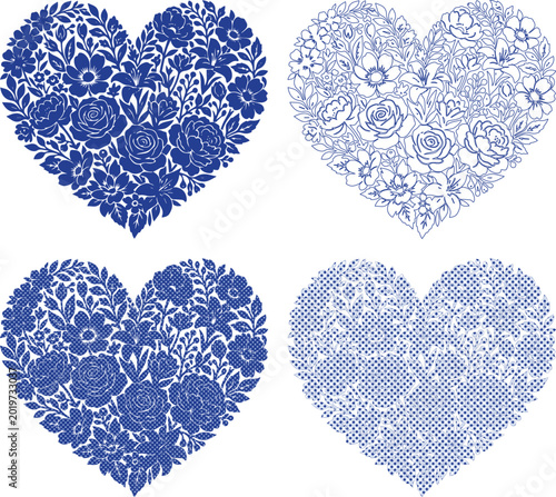Vászonkép Decorative floral heart vector set, intricate blue flower heart shapes, romantic