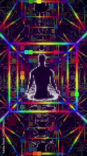 looped 3d animation mosaic mirror reflects a meditating person	