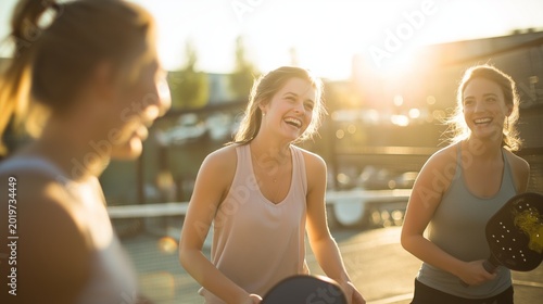 Friends playing pickleball outdoors, candid laughter, bright summer day