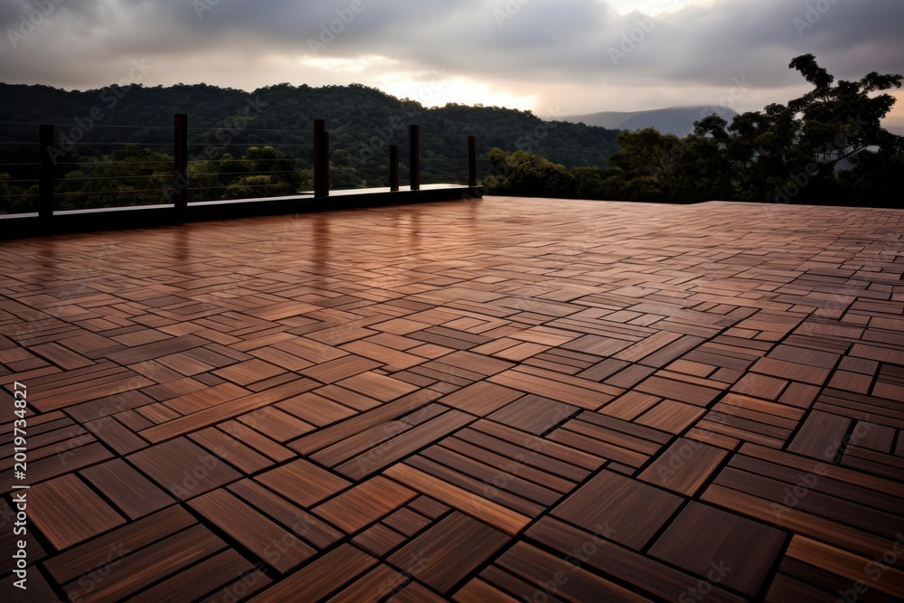 Fototapeta premium Empty outdoor wooden patio with a picturesque green mountain range view at dusk