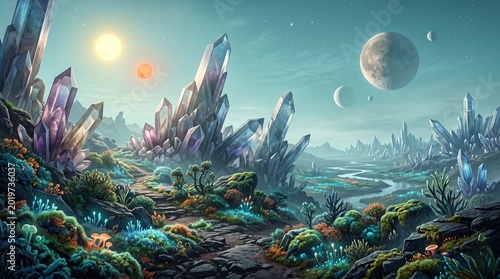 Fantasy Landscape with Crystal Spires and Alien Planet